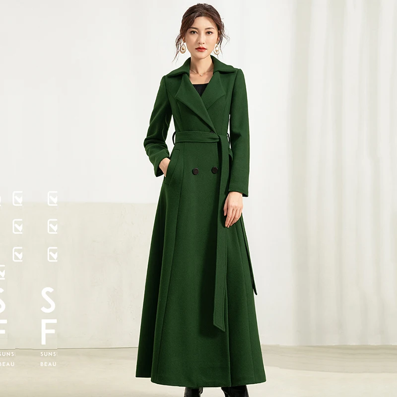 

Pop Women Woolen Overcoat Spring Nice Elegant Fashion Green Suit Collar Solid Color All-match Thick Slim Long Wool Blends Coat