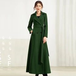 Pop Women Woolen Overcoat Spring Nice Elegant Fashion Green Suit Collar Solid Color All-match Thick Slim Long Wool Blends Coat