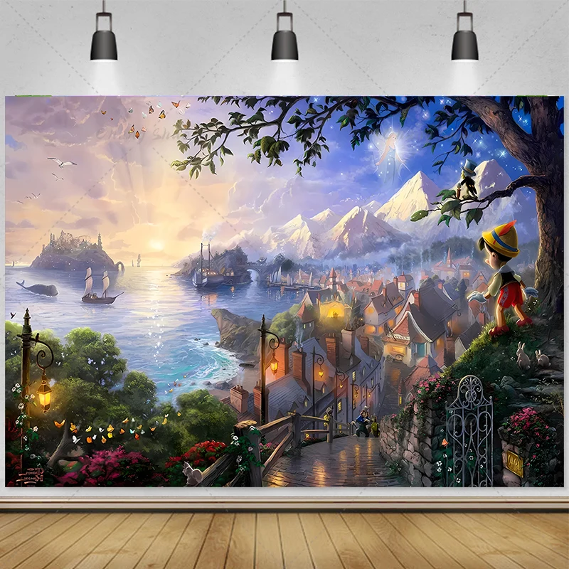 Disney Pinocchio Backdrop Boys Girls Birthday Party Photo Photography Background Grandpa Carpenter Baby Shower Prop Banner