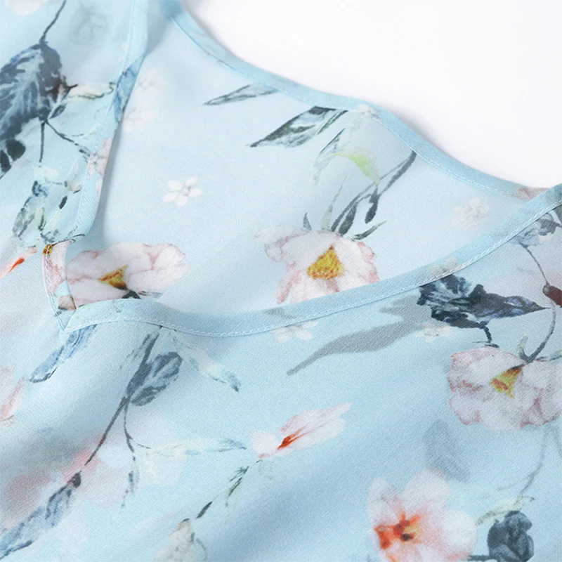 Women Dress 100% Mulberry Silk Sexy Transparent Blue Floral Print V neck Ruffle High waist Belted Waist Midi Dress M1328