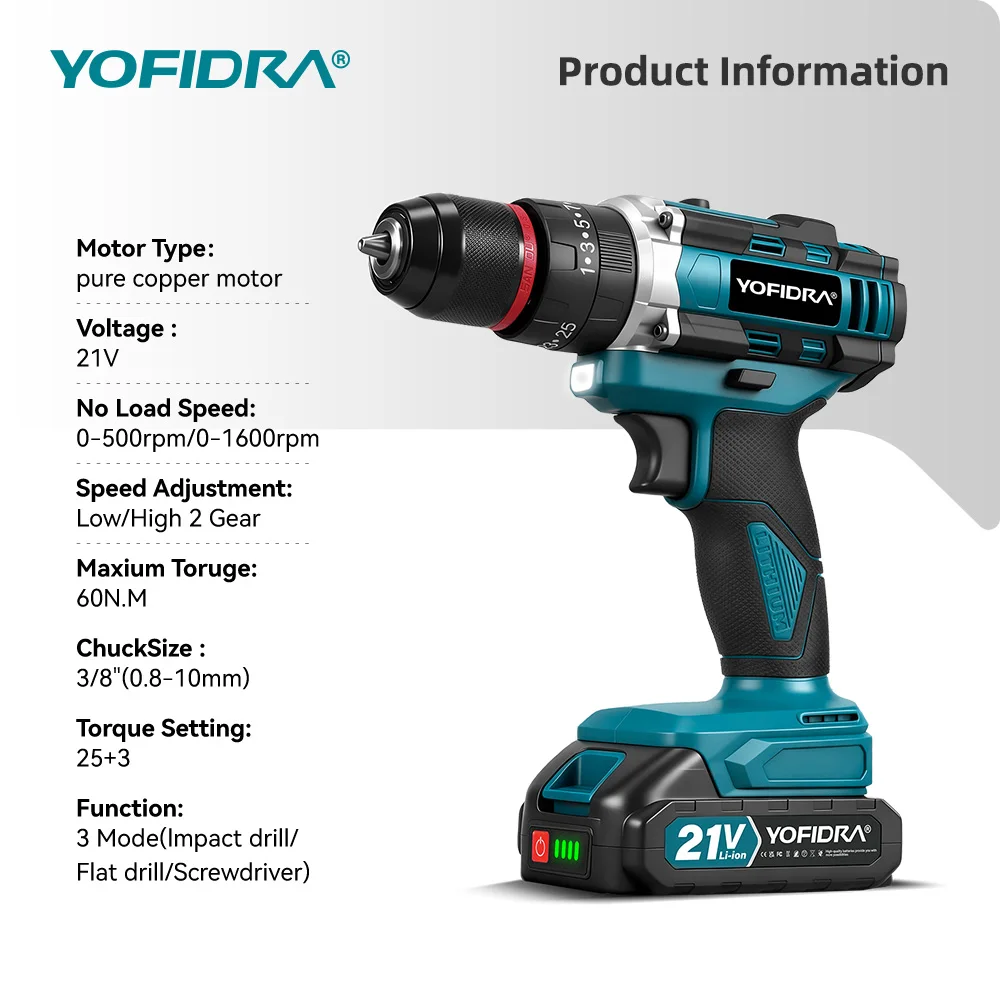YOFIDRA 3-in-1 Elektrischer Schlagbohrer 25+3 Drehmomentstufen Handgeführter Akku-Schlagbohrer Holzbearbeitungs-Elektrowerkzeug für Makita 21V Akku – Detail 4