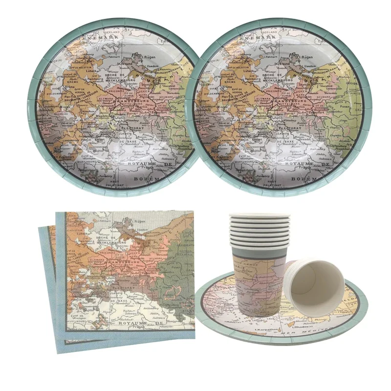 

Travel Adventure World Map Disposable Paper Plates Cups Napkins Graduation Retirement Travel Picnic Birthday Party Table Decor