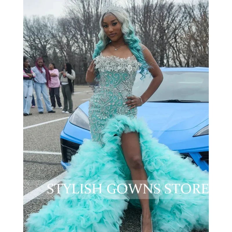 Luxo babados vestidos de baile para meninas negras 2025 flores miçangas split vestido de festa roupa de aniversário robe alta costura personalizado