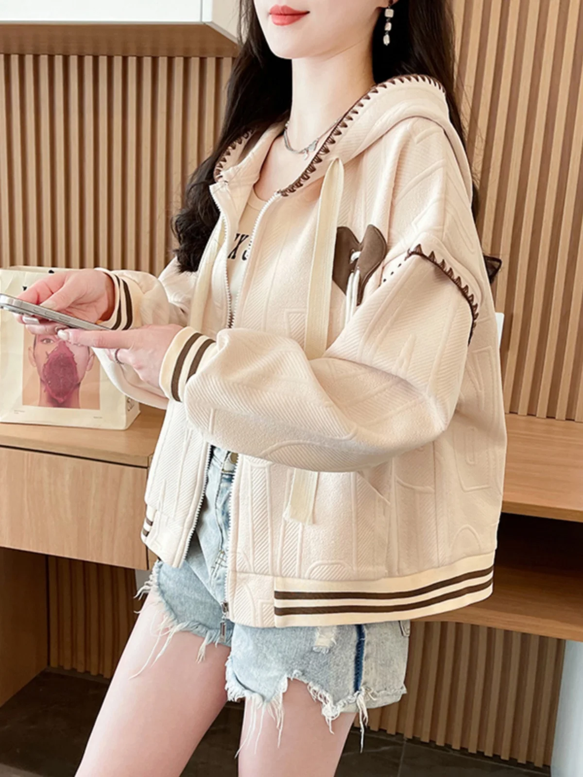 الحلو كلية نمط البيسبول موحدة سترة الفتيات أزياء ربيع الخريف خطوط فضفاضة القلب الرباط سترة هوديي معطف مقنع #2