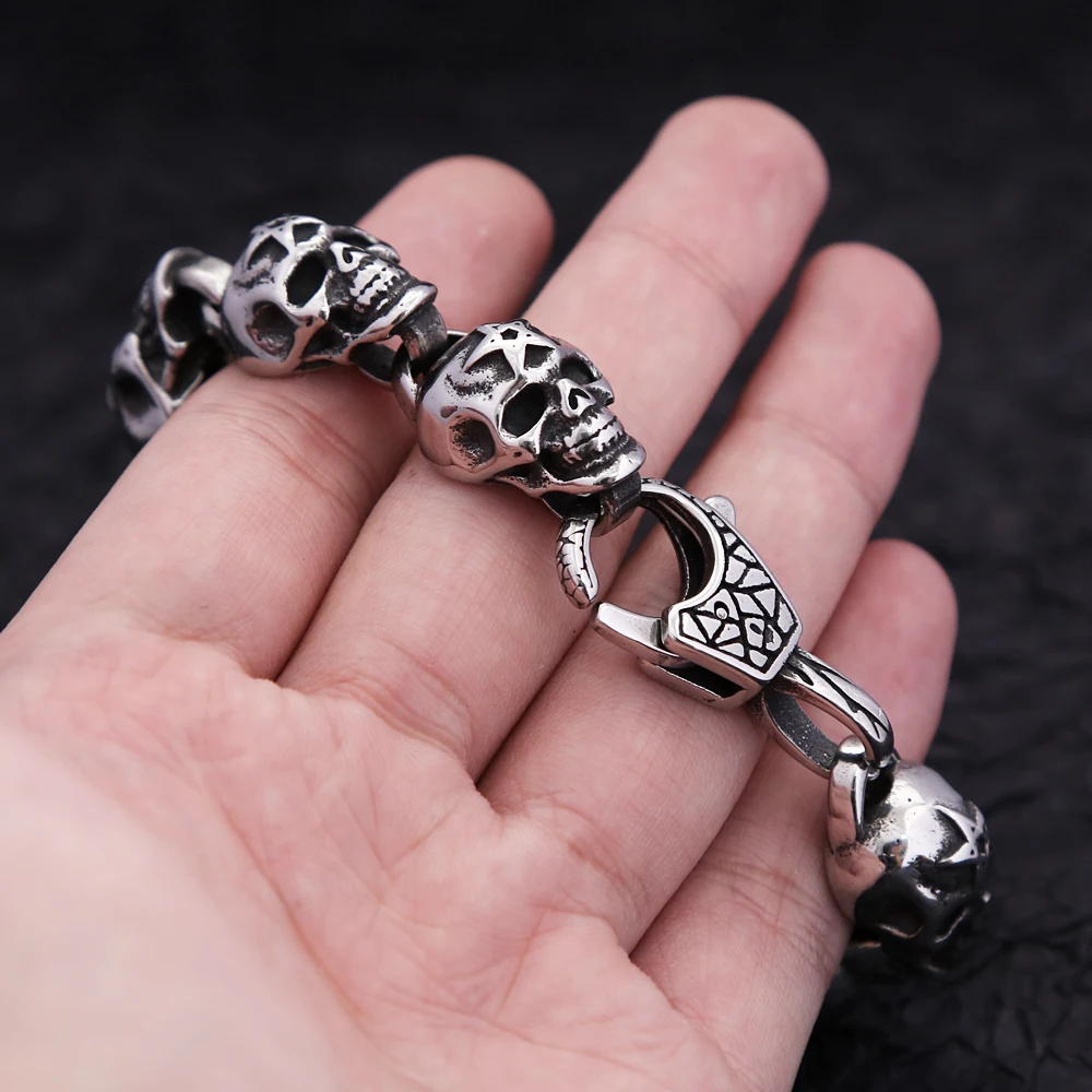 Punk Vintage 316L Stainless Steel Skull Bracelets For Men Boys Gothic Hip Hop Skeleton Bracelet Fashion Charm Jewelry Wholesale