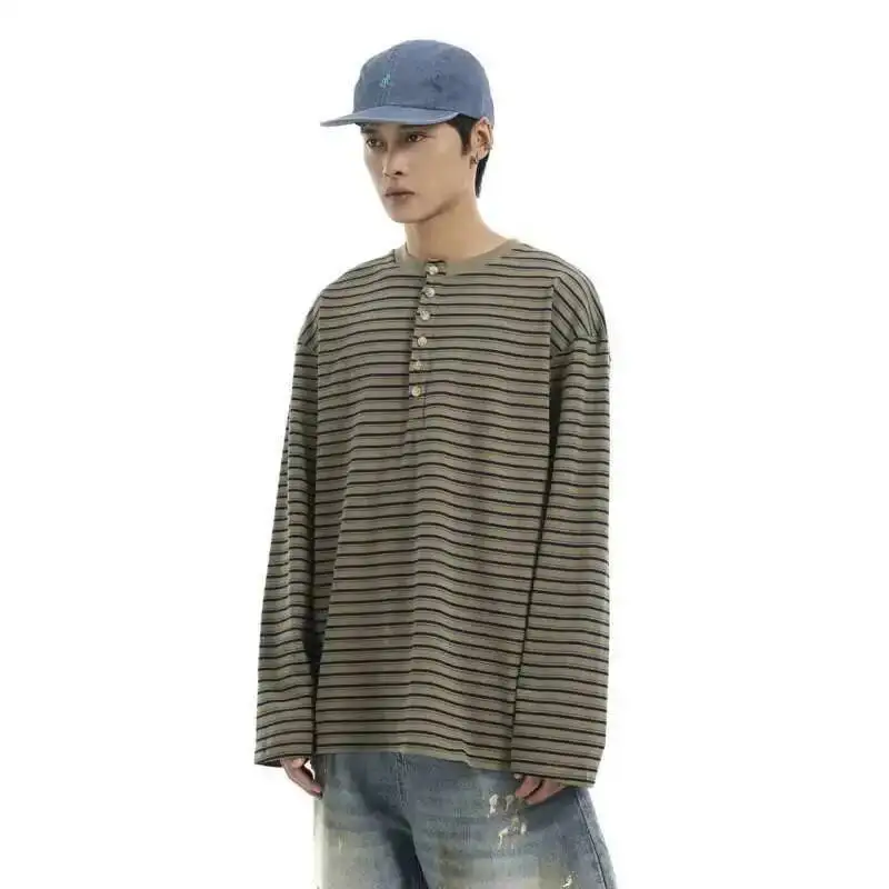 American Vintage Simple Striped Henry Button-Neck Long Sleeve T-shirt Loose Causal Men's Pullover Tops Spring 2025 2ICT1