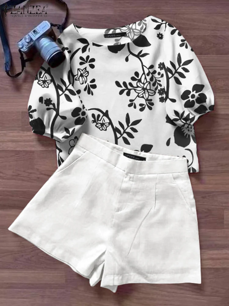 2024 ZANZEA Fashion 2PCS Summer Short Sleeve Floral Printed Blouse Pants Sets Women Bohemian Short Sets Casual Holiday Tracksuit