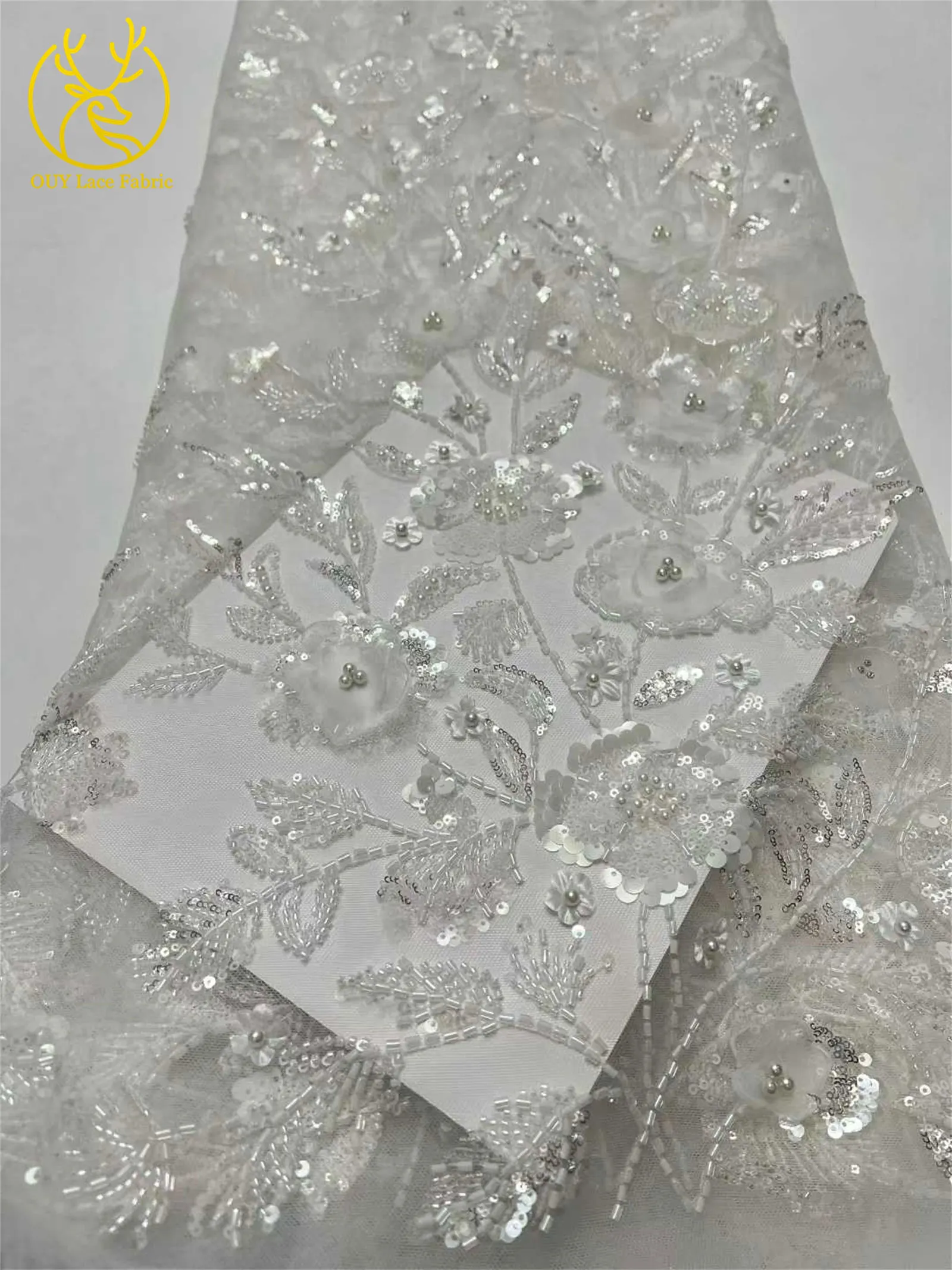 Afrikanischer 3D-Blumen-Handperlen-Spitzenstoff 2026 Hochwertiger Französischer Stil Nigerianischer Pailletten-Spitzenstoff Ideal für Partykleider – Detail 18