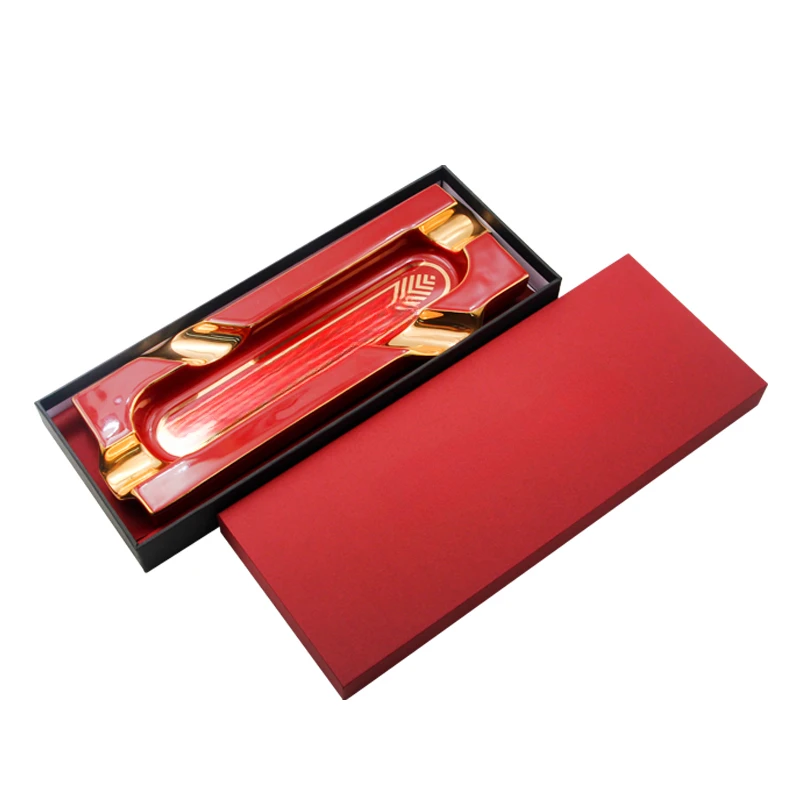 

4-position long red bone ceramic cigar ashtray