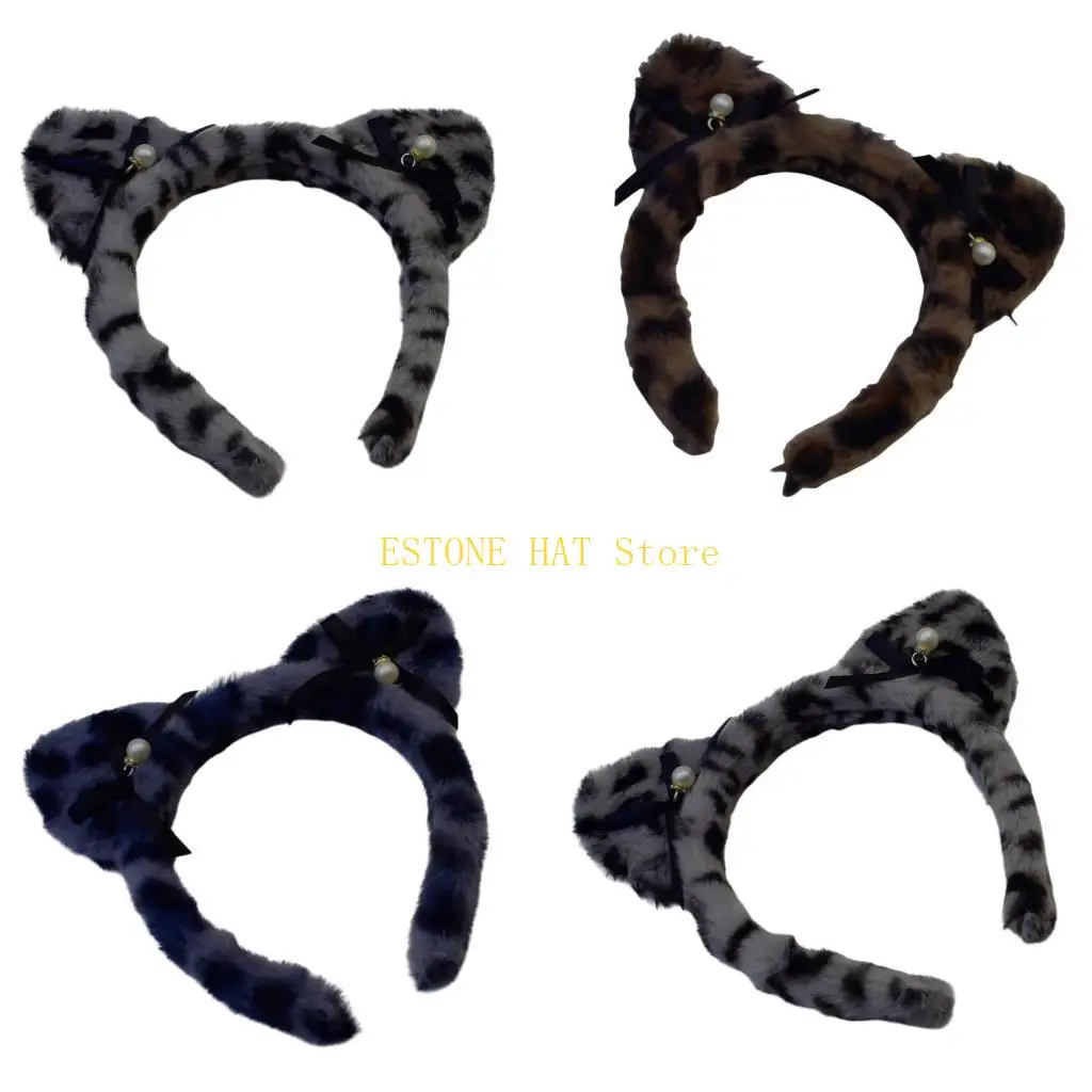 

49MF Leopard Pattern Cats Ear Hairhoop Makeup Headband for Women Girl Music Festival