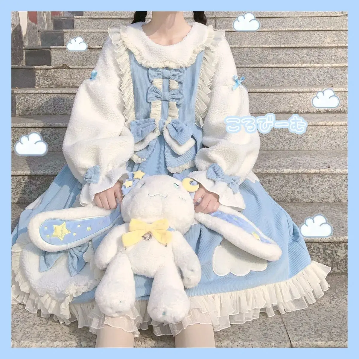 

Autumn And Winter Thickening Warm Winter Cloud Brightening Day Plush Bow Long Sleeve Lolita Dress Kawaii Set OP