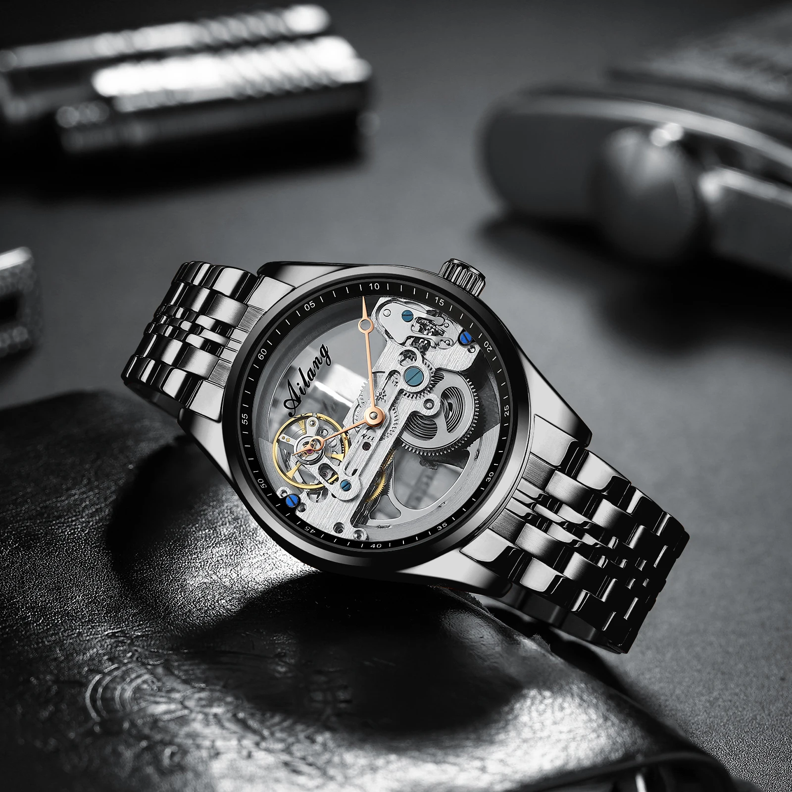 AILANG Brand New Luxury Fashion Steampunk Hollow Men's Sports Stainless Steel Waterproof Skull Tourbillon Mechanical Watch