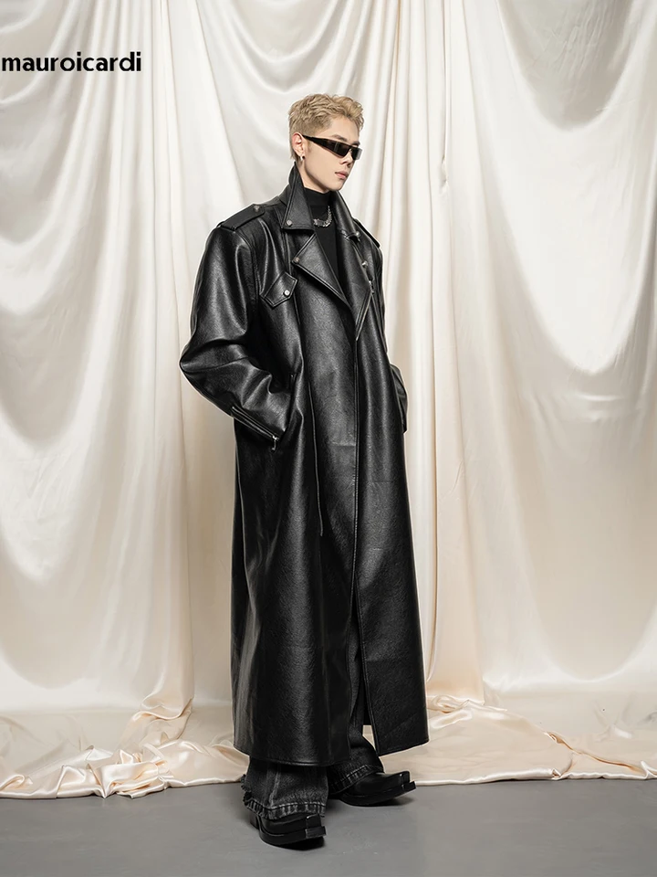 ジャケット・アウター istante leather super long coat Mauroicardi Spring Autumn Oversized Cool Extra Long Black Pu