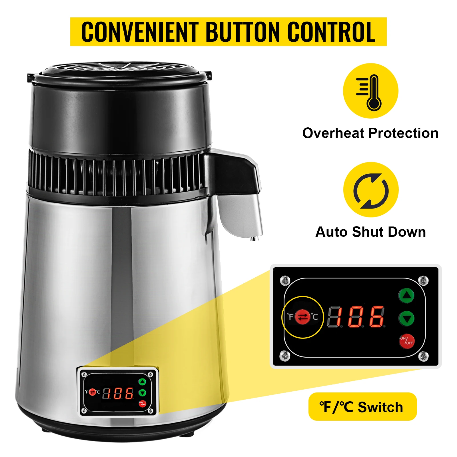 VEVOR Distillatore D'Acqua Purificatore Acqua 4L Acqua Distillazione 750W Filtro Medico Purificatore in Acciaio Inossidabile 304 (Argento+Controllo della Temperatura)