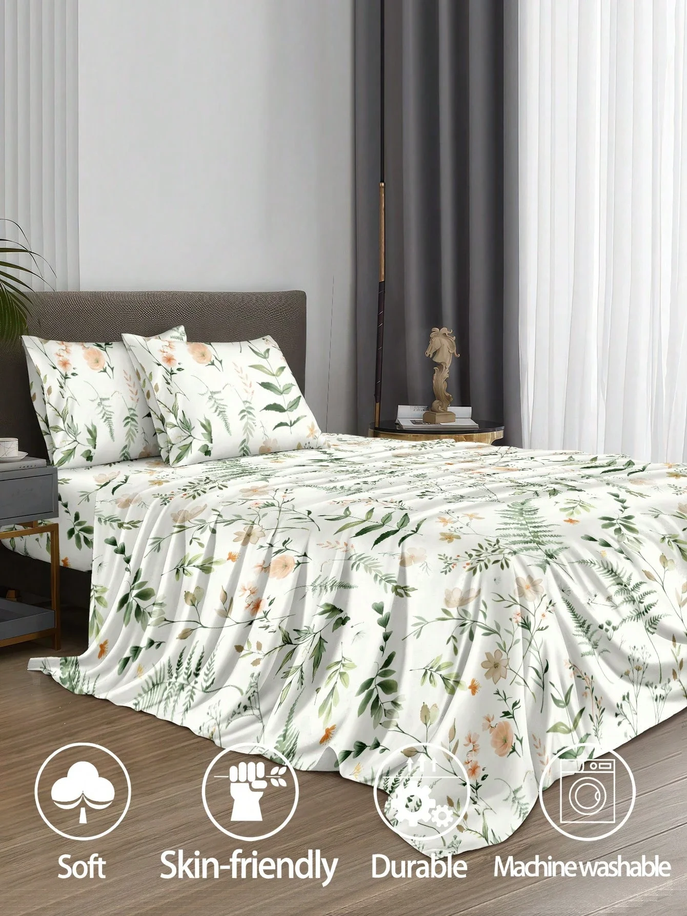 

4pcs Botanical Floral Microfiber Sheet Set Soft Breathable Wrinkle-Free Fitted Sheet King Queen Full Twin