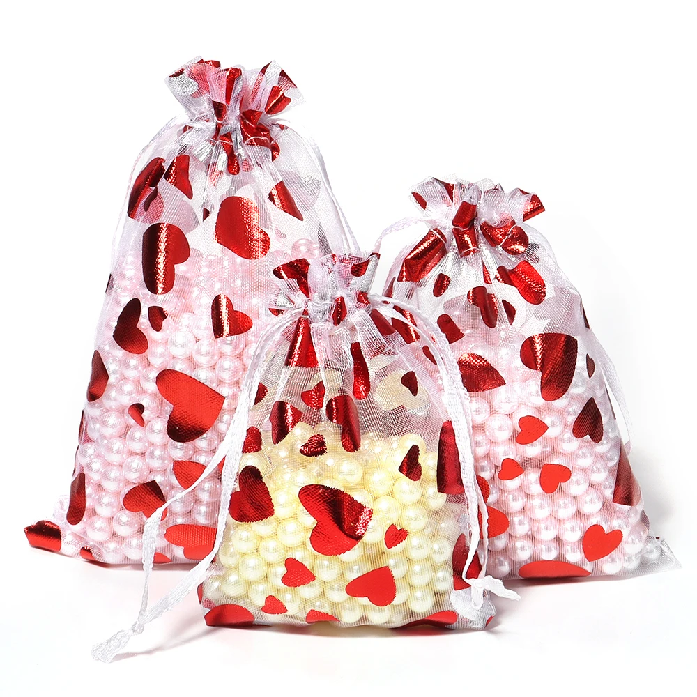 10pcs/lot Red Love Heart Organza Bags Wedding Party Gift Candy Drawstring Bag Christmas Valentines Day Jewellery Pouches Display