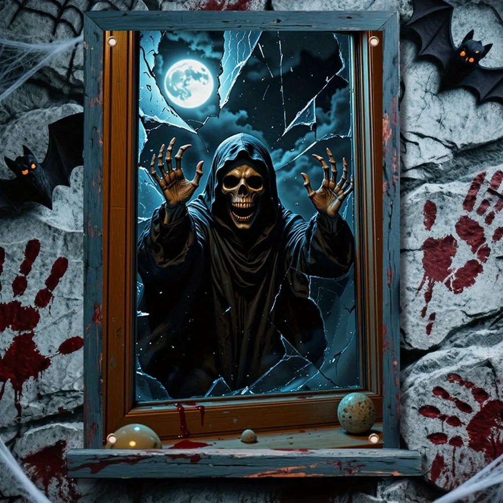 Un extraño cartel de ventana con luz de luna para Halloween: figura gótica con capa, escena de casa embrujada manchada de sangre y silueta de murciélago