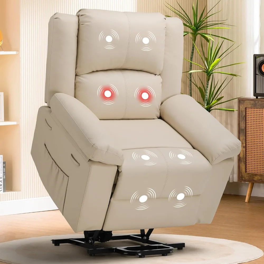 Power Lift Recliner for Elderly, Lift Chair with Heat and Massage，PU Recliner Sofa with 2 Side Pockets and Infinite Position