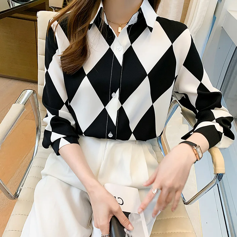 

2024 Autumn New Fashion Office Lady Chiffon Shirts Women Clothing Vintage Y2K Plaid Commute Tops Long Sleeve Blouse