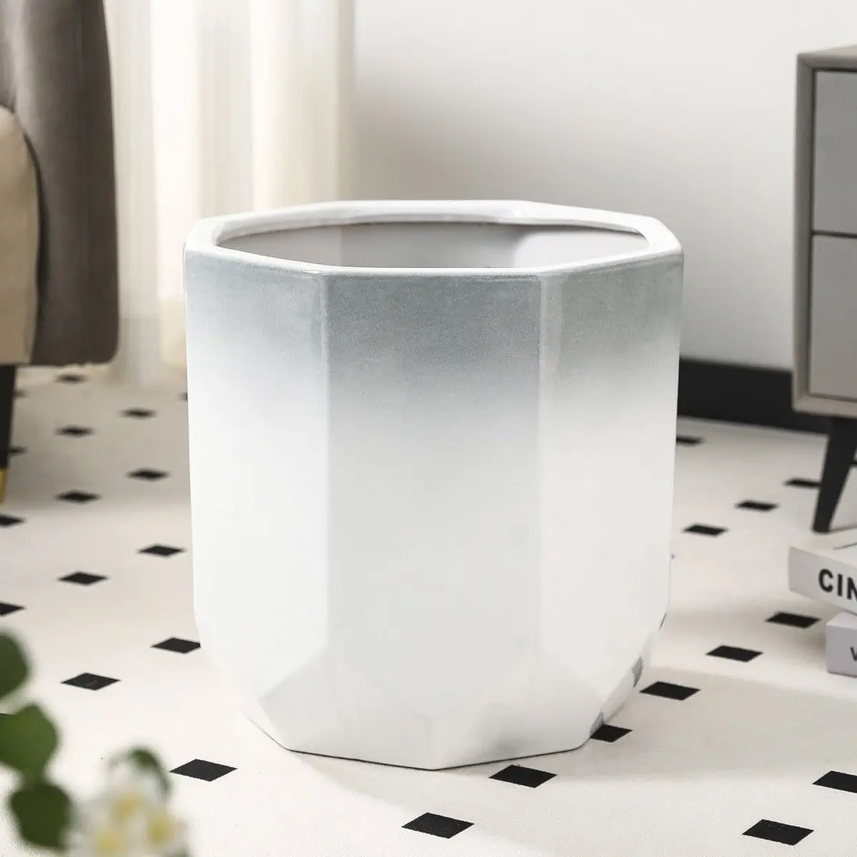 Ceramic Flower Pot Planter Modern Gradient Gray White Octagonal For Indoor Outdoor Home Garden Bonsai Succulent Plants Decor