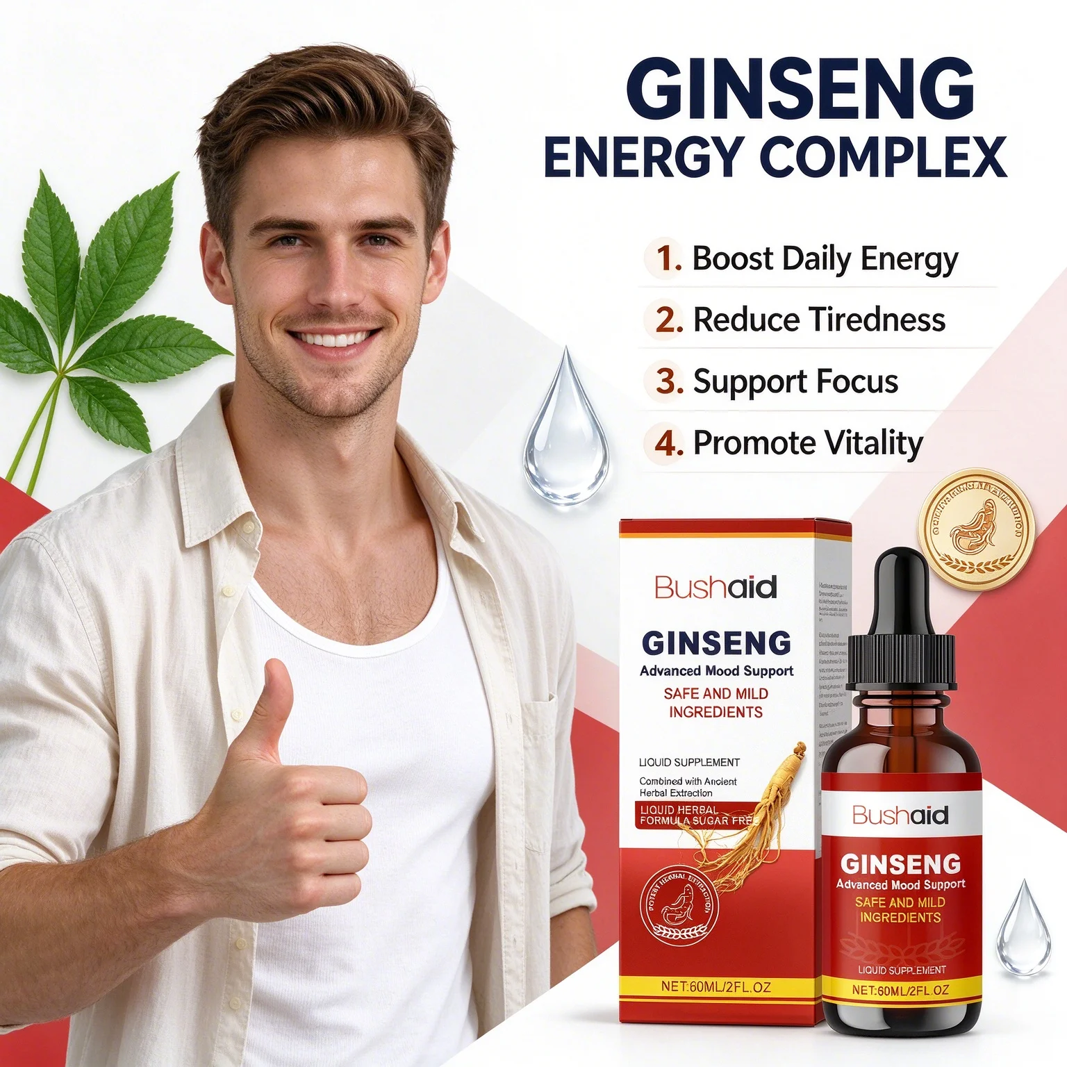 Panax Ginseng Oral Liquid Drops Natural Herbal Extract Support Energy Vitality Mental Focus Daily Wellness Liquid Supplement