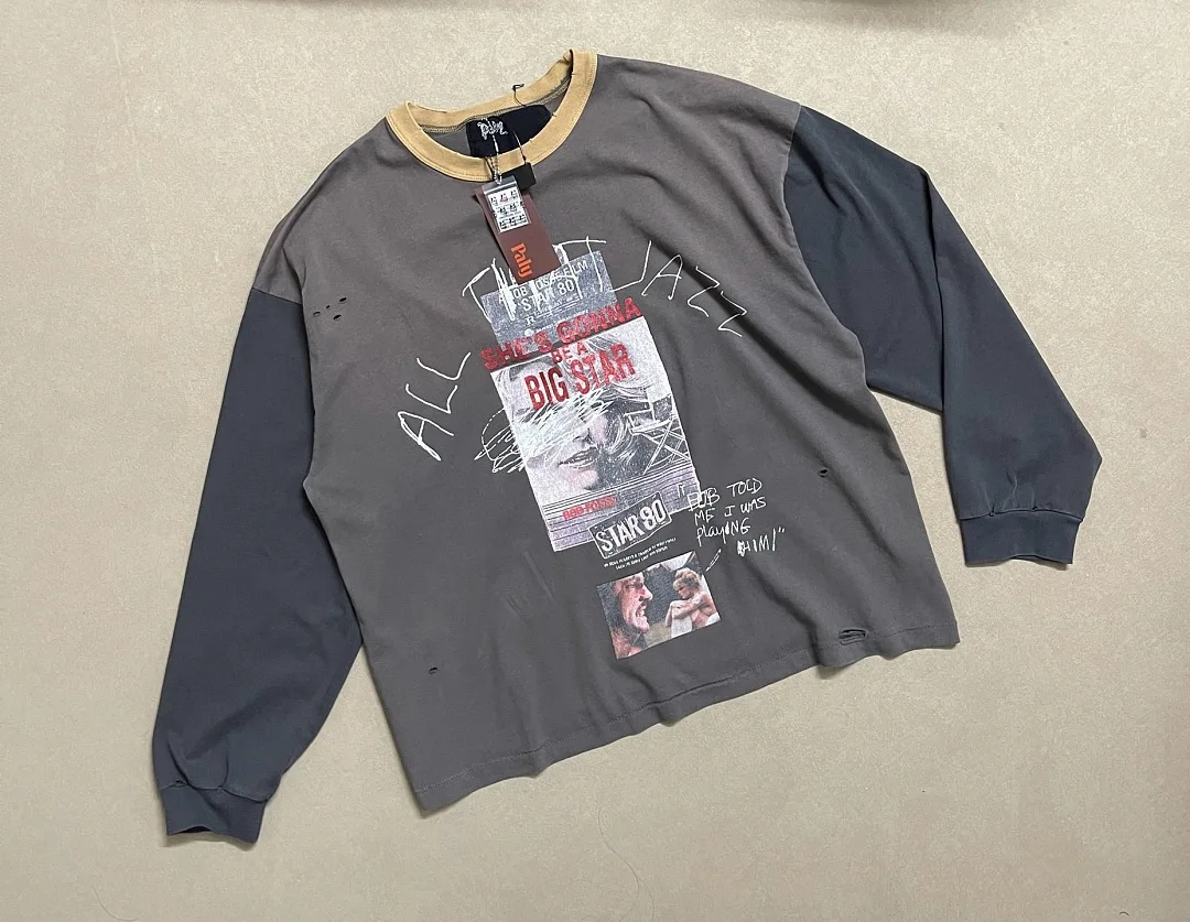 Vintage Distressed Long Sleeve T Shirt Men 80s Collage Print Oversized Washed Destroyed Crew Neck Streetwear Long Sleeve Tee