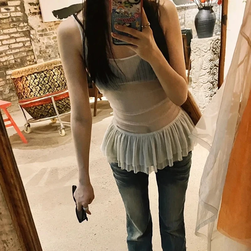Women Summer Korean Fashion Y2k See Through Tank Tops Ruffles Crop Tops Slim Fit Camisole Harajuku Aesthetic Sexy Kpop Tops