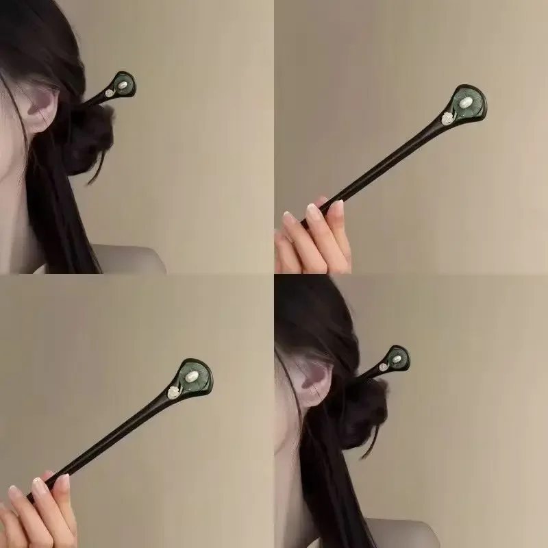 U-Shaped Hair Stick with Jade Lotus Design – Black Sandalwood Chinese Style Hairpin for Hanfu, Qipao & Daily Wear