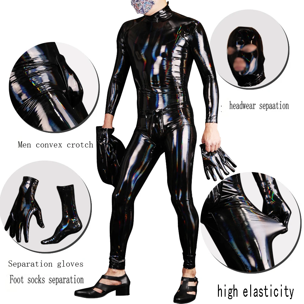 Faux Latex Leather PVC Dazzle Colour All-Linclusive Bodysuit Cosplay Bottom Crotch Zip Full Coat Zentai Tight Catsuit Jumpsuits