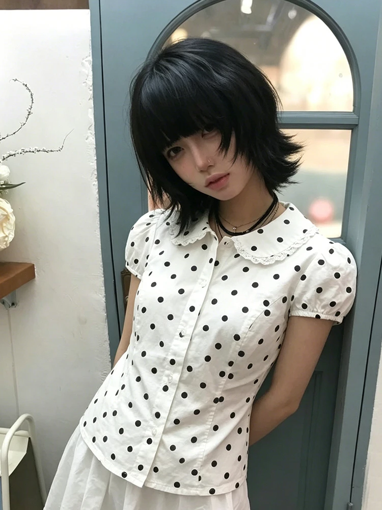 Women's Sweet Cute Peter Pan Collar Polka Dot Blouse Summer Puff Sleeve Slim Fit Shirt Japanese Vintage Preppy Style Tops New