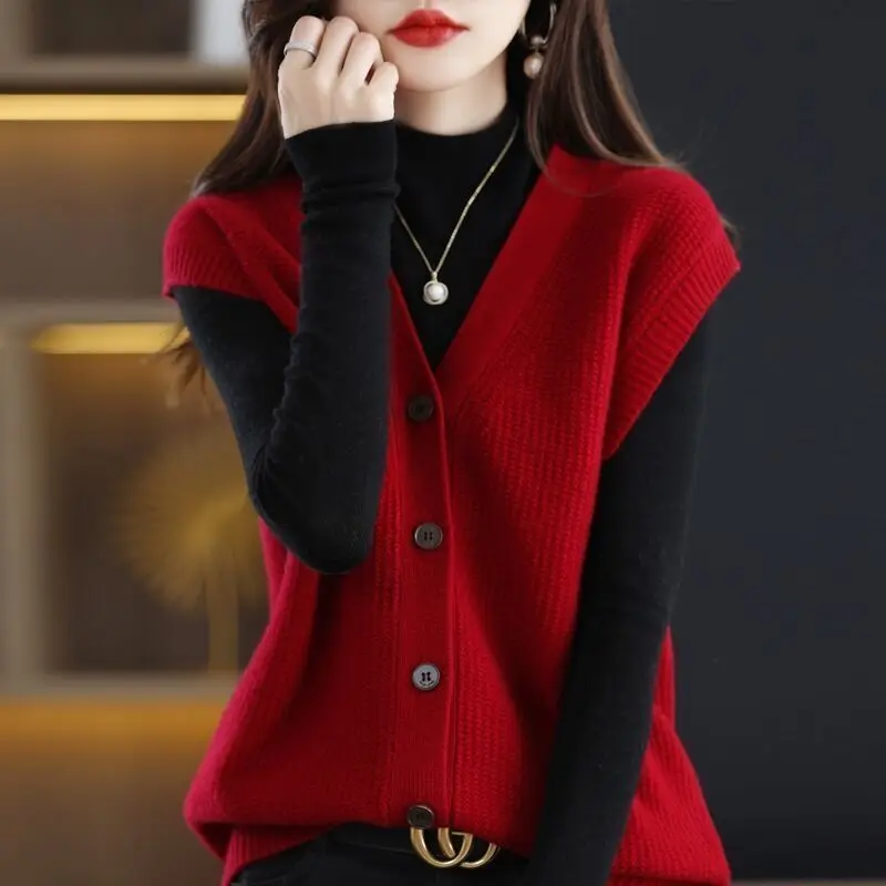 Women\'s 2023 Autumn Winter New V-neck Solid Color Knitted Cardigan Button Korean Loose All Match Sleeveless Sweater Vest Tops