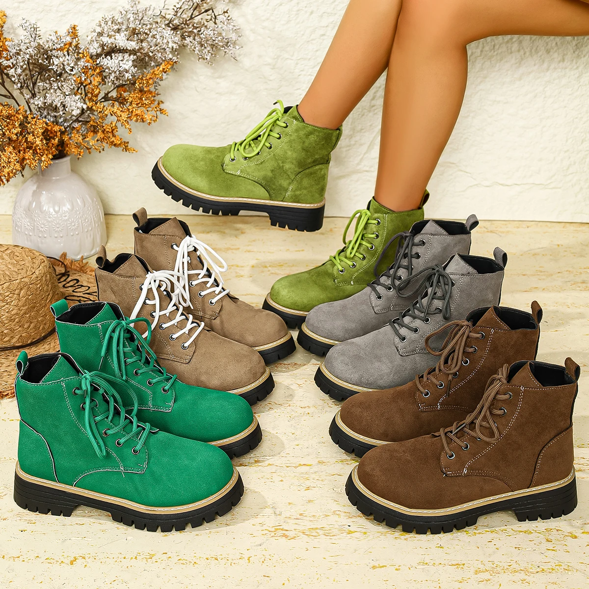 British Style Plus Size Platform Booties Women Boots Zipper Up High Top Ankle Boots Women Shoes Solid Color Botas Lady Shoes