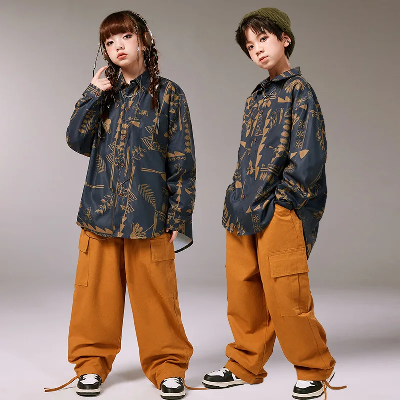 Kid Cool Hip Hop Clothing Navy Blue Print Shirt Top Ginger Casual Wide Strap Cargo Pants for Girl Boy Jazz Dance Costume Clothes