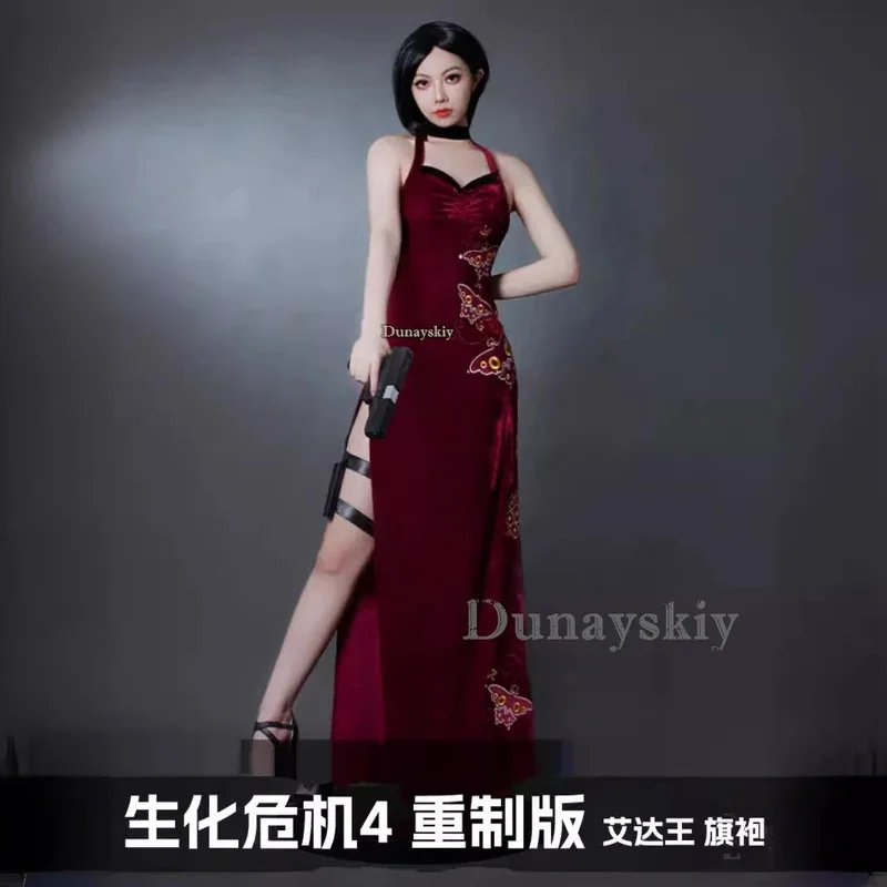 hhh 2025Ada Wong فستان أحمر مطرز بنمط شيونغسام زي تنكري ملابس شعر مستعار موحد للنساء مثير للهالوين