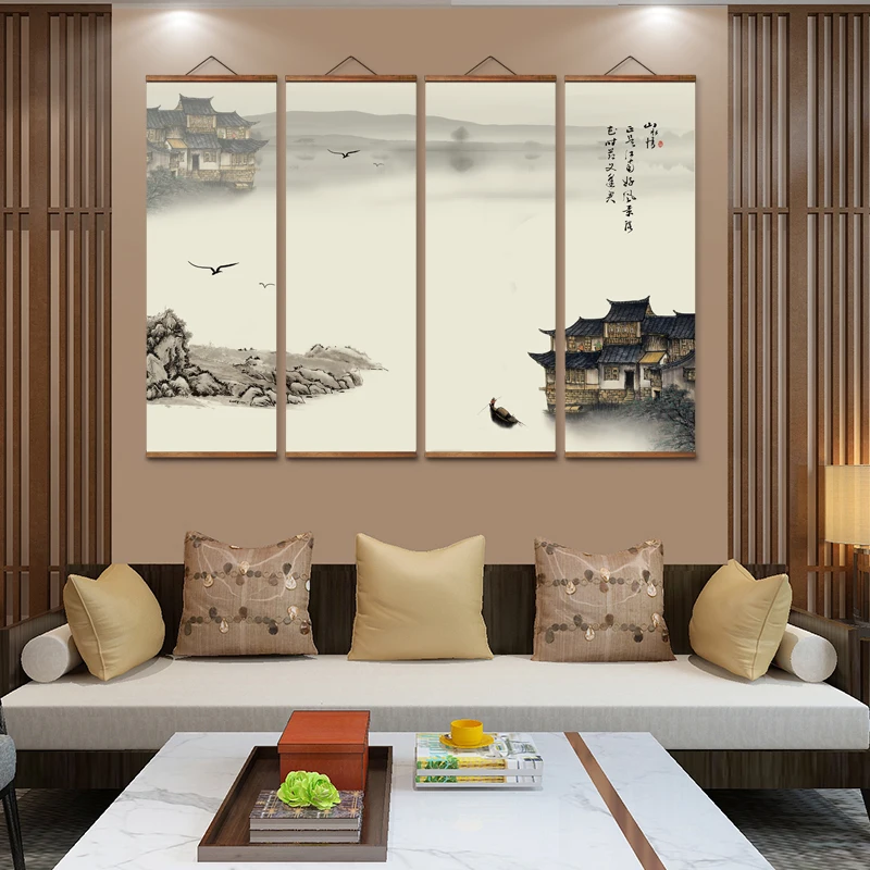 MT0147 Chinese Style Ink Swallow Boat Landscape Decorative Wall Art Canvas Posters Solid Wood Scroll Paintings