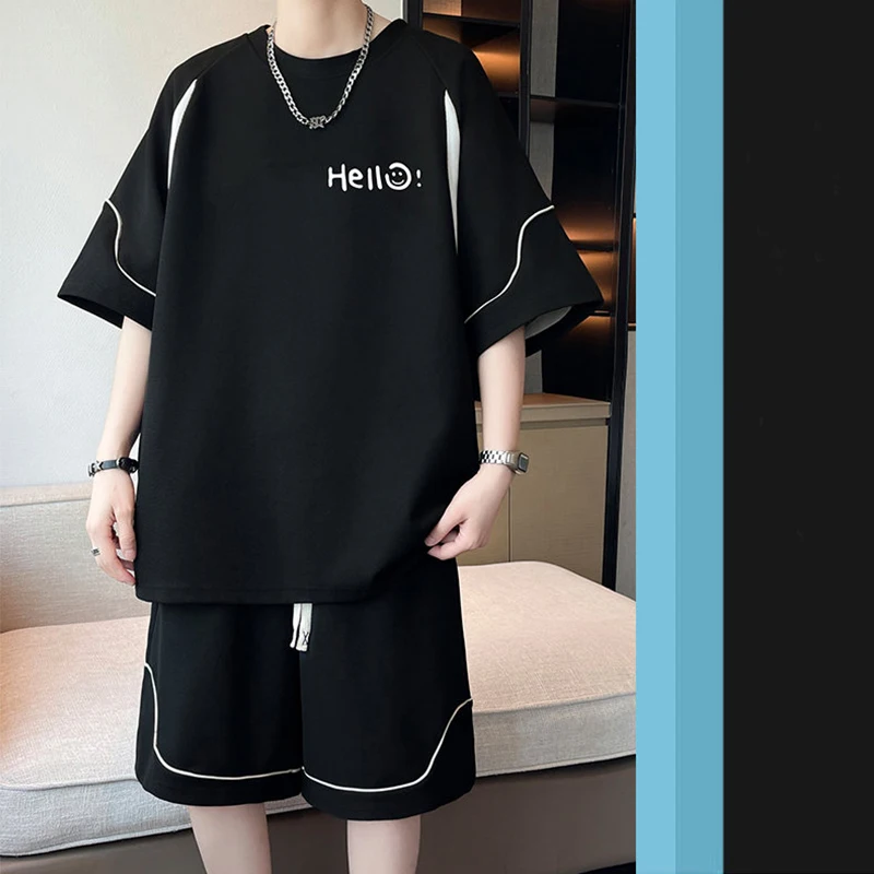 

Short Sleeve Men's Sets 2026 Summer 2-Piece Tracksuit "Hello!" Print Loose T-Shirts + Shorts, Youth Breathable Casual Sportswear