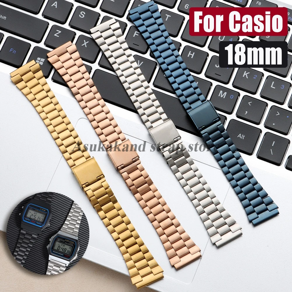 Correa de reloj de acero inoxidable de 18mm para Casio F84 F105/108/A158/168 AE1200/1300 SGW400 F91W AQ230 AE500W, pulsera de Metal para hombre