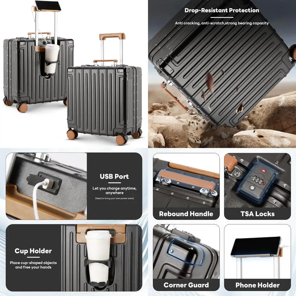 

18 Inch Carry On Luggage Suitcase Locks TSA Approved Hardside Lightweight Suitcase with Cup Holder TSA Lock Carry On Luggage wit