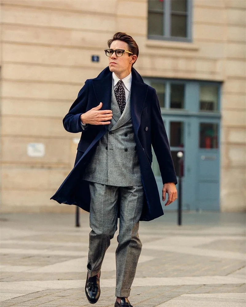 Costume en laine bleu marine pour homme, pardessus d'hiver épais, veste longue, Double boutonnage, tenue de soirée, de bal, sur mesure