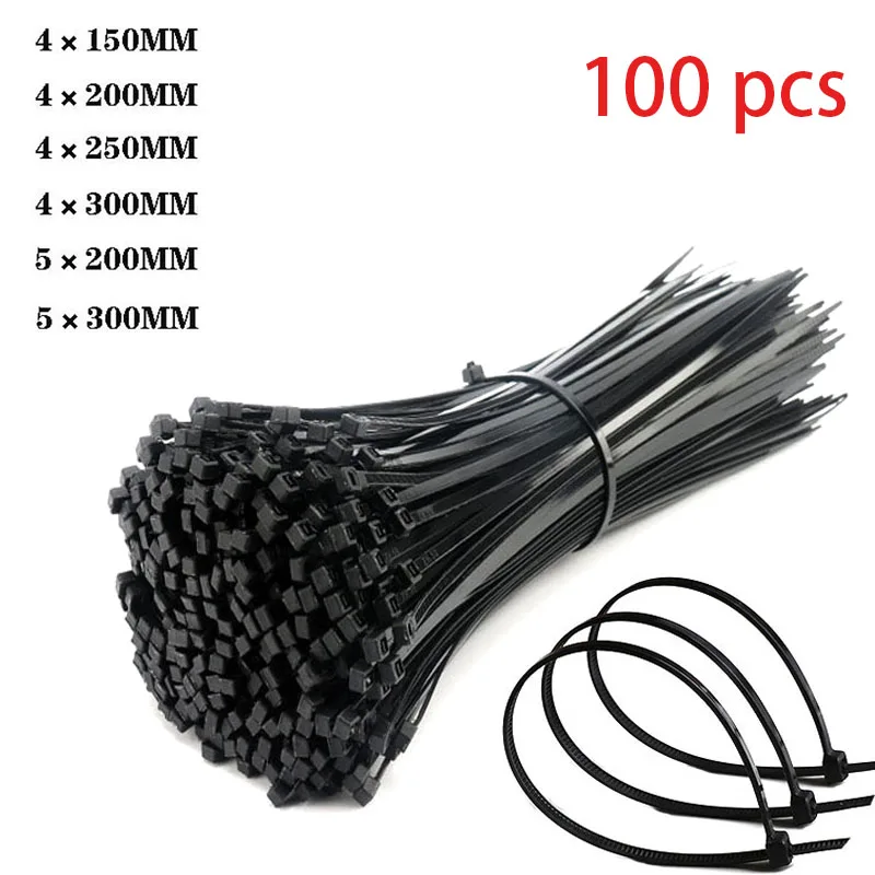 Self-locking plastic nylon tie 100 PCS black 5x300cable tie fastening ring4x200 cable tie zip wraps strap nylon cable tie set