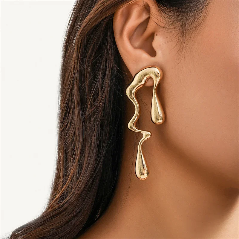 Creative Metal Irregular Water Drops Stud Earrings for Women Vintage Gold Color Geometric Long Earrings Jewelry Gifts