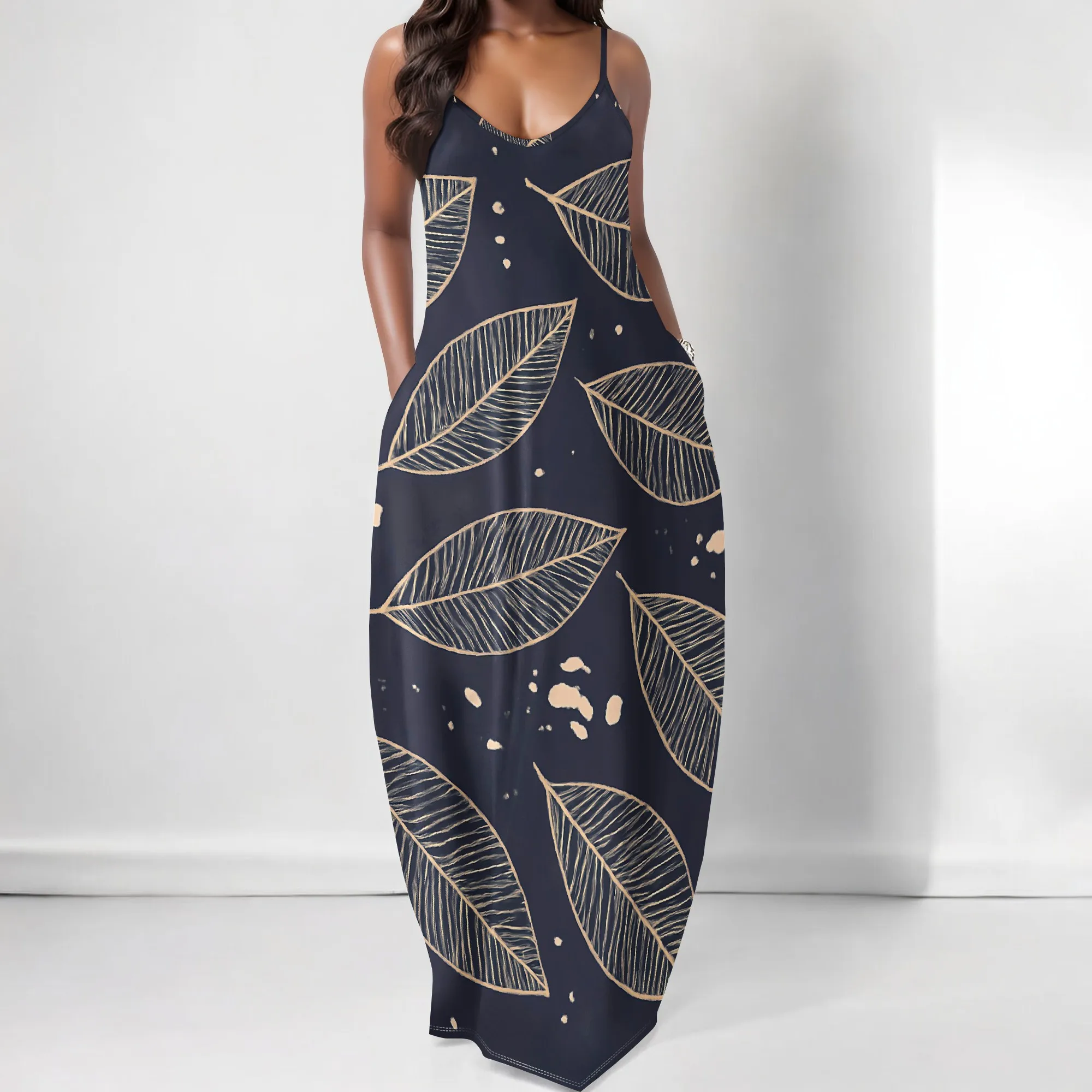 

S-3XL Leaf Print Spaghetti Strap Maxi Dress for Women Black Beige Boho Nature Look for Beach Day or Summer Picnic