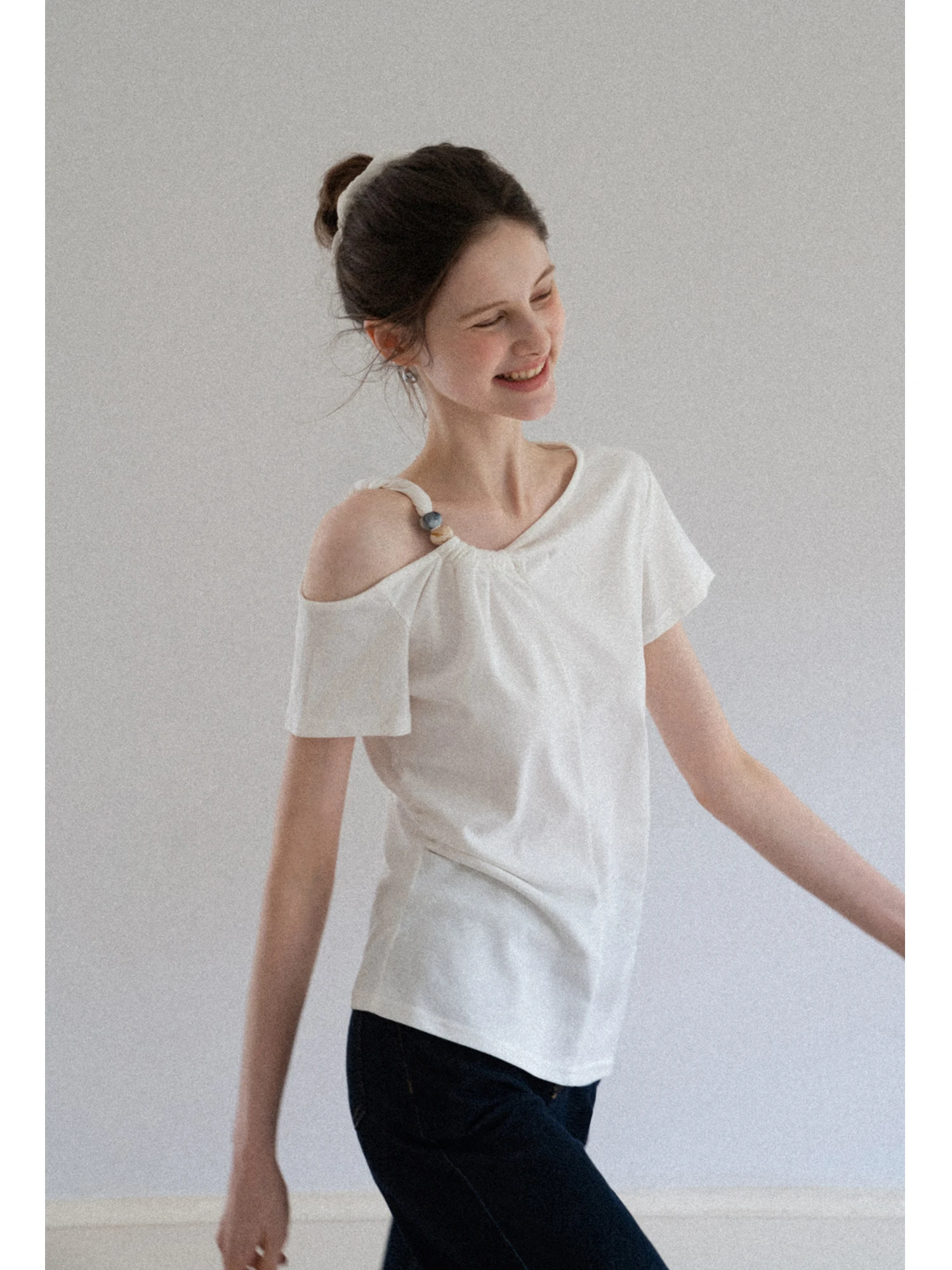 

Футболка Eggka Irregular oulder Beaded ort Sve Design Sensation Waist Slimming Personali Top Casual Sle Полиэстер F...