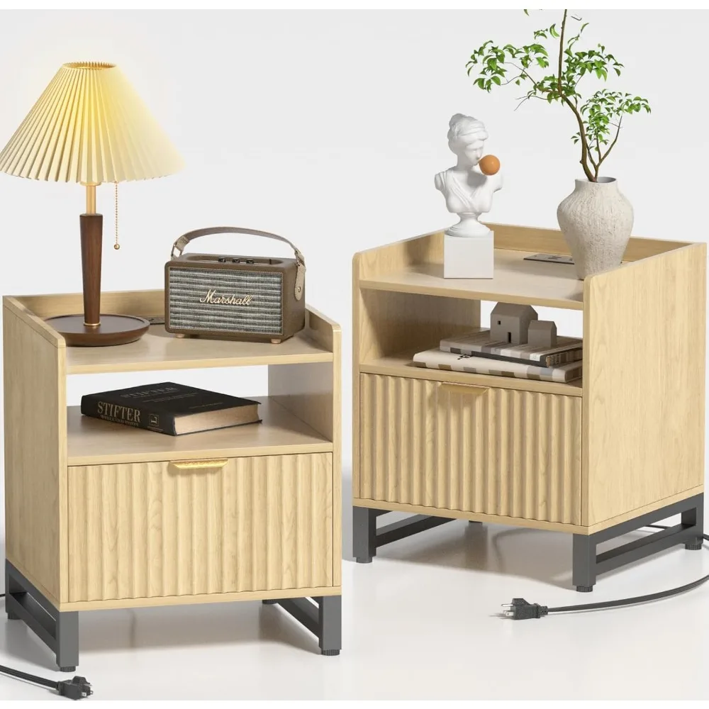 

mid-century modern 2-piece fluted nightstand set with charging station and storage drawer