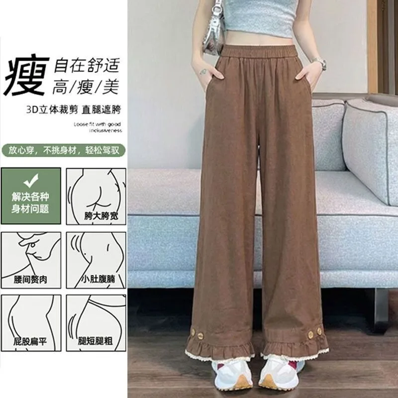 Women Maillard Brown Wide Leg Pants Elastic Waist Ruffle Hem Button Decor Casual Trousers Petite Friendly