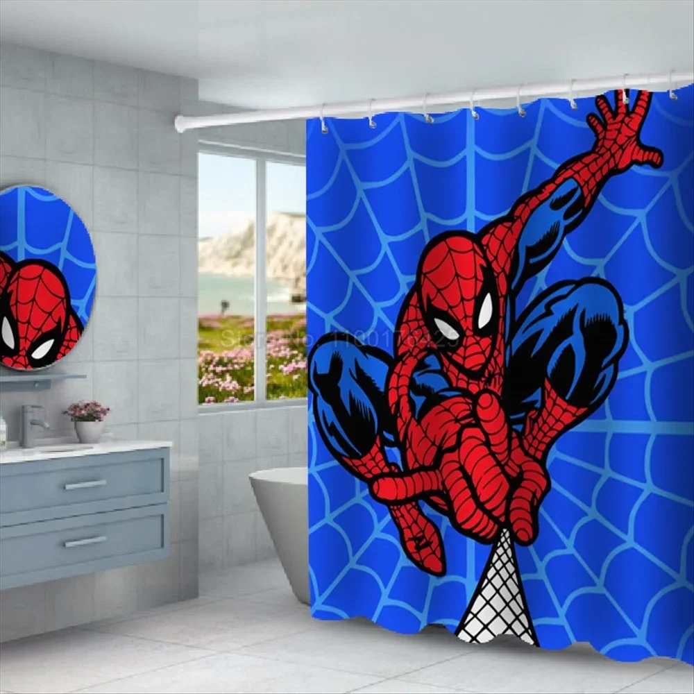 Shower Curtain Set Spiderman Waterproof Washable Polyester Bath Curtain Anti-slip Rugs Toilet Lid Cover Bath Mat Set