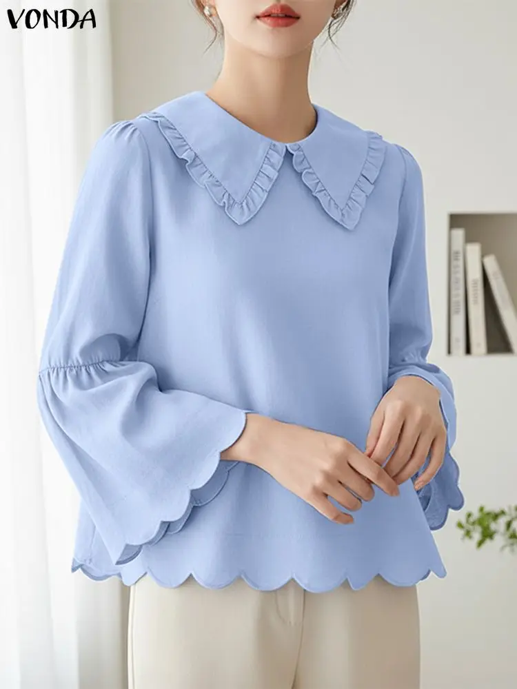 

VONDA Fashion Autumn Blouse Women Peter Pan Collar Long Flare Sleeve Solid Shirts Casual Tunic Tops 2025 Loose Blusas Femininas