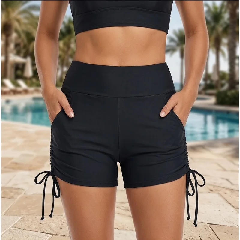 JEWELRY SEN Plus Size Women High Waist Swim Shorts Drawstring Side Pocket Tankini Bottoms Modest Board Shorts Summer  Swimwear