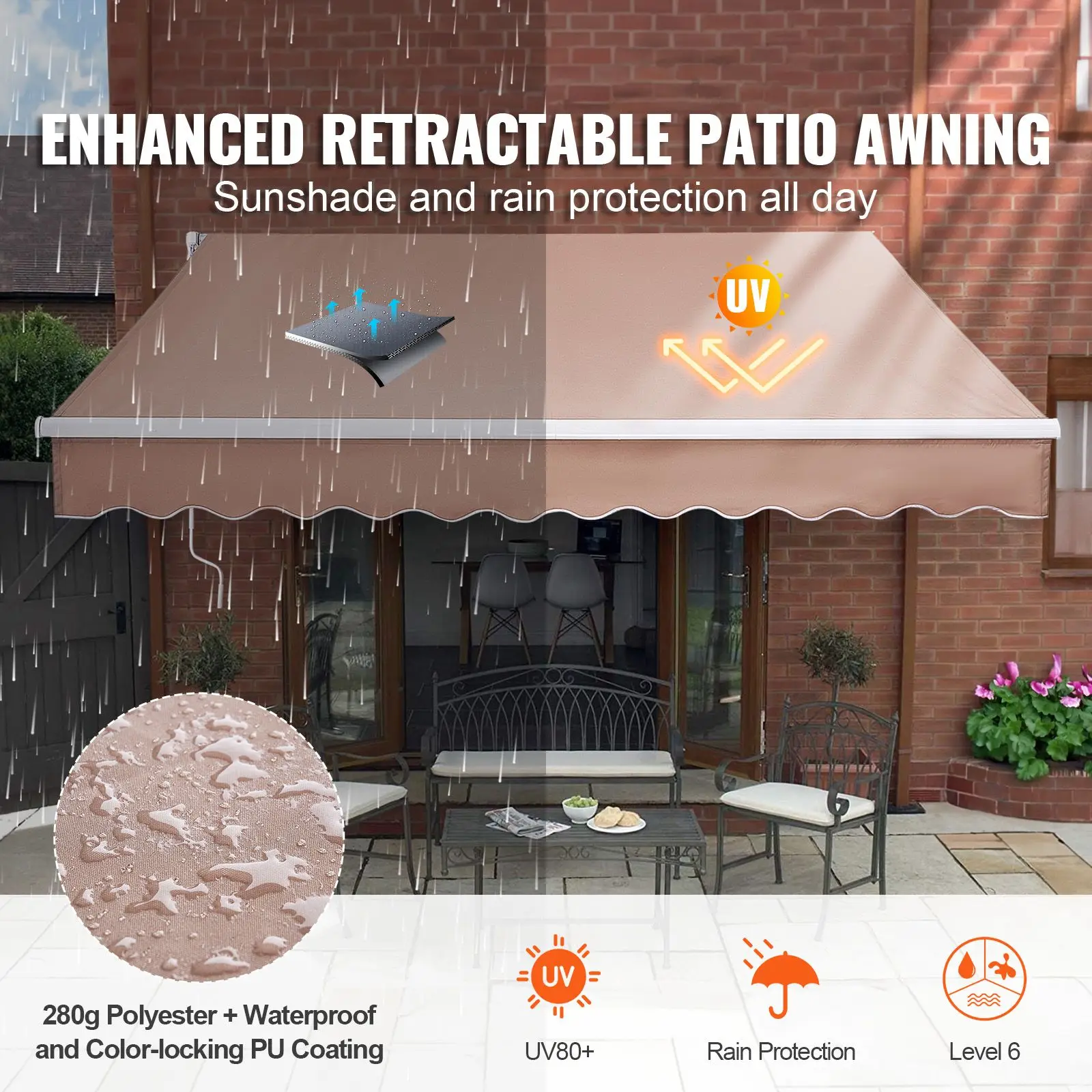 Manual Retractable Awning, 12 X 10 Ft Outdoor Patio Awning Retractable Sun Shade, Water-Resistant Polyester Patio Door Window