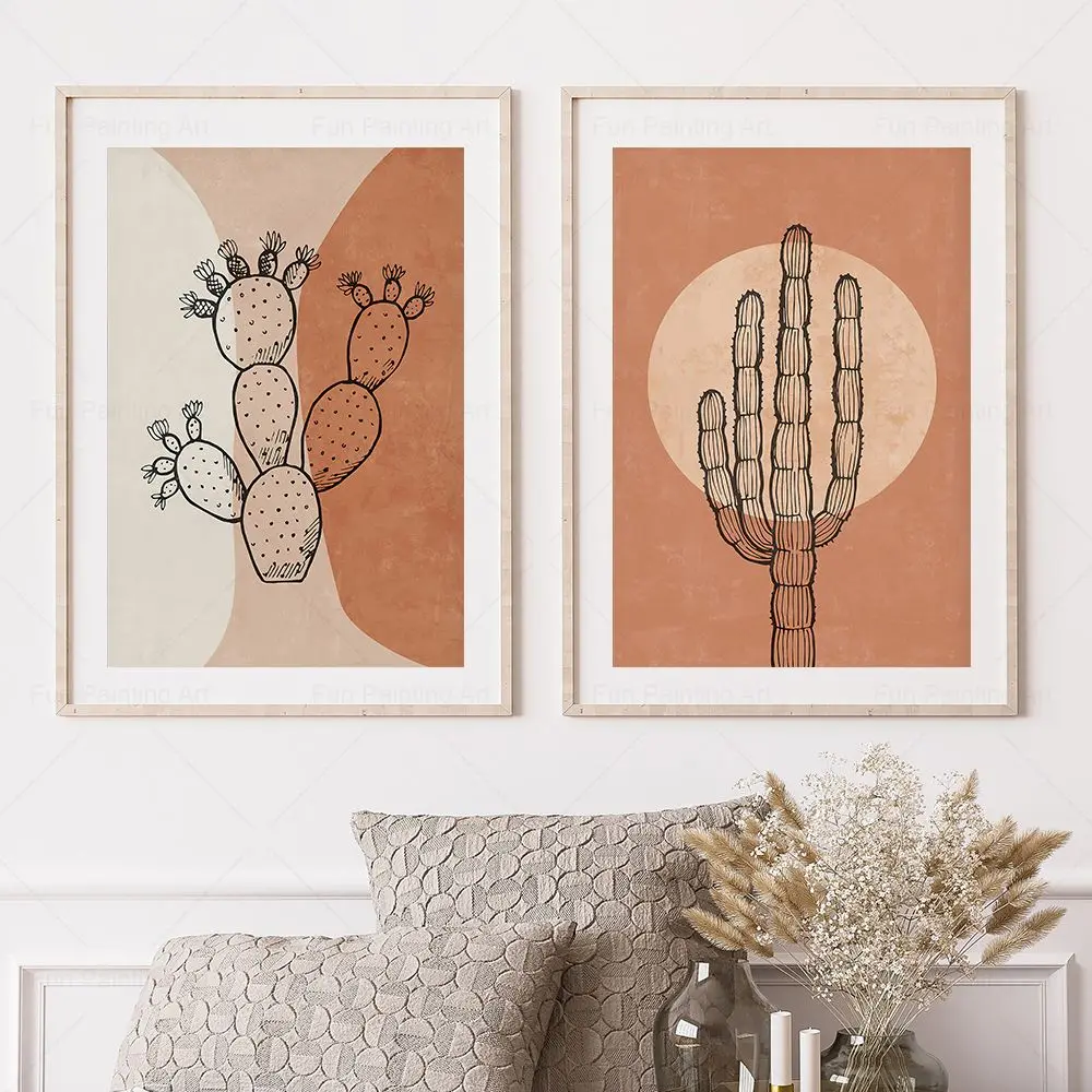 

Abstract Cactus Print Desert Sun Moon Wall Art Canvas Painting Terracotta Blush Black Art Poster Boho Living Room Bedroom Decor